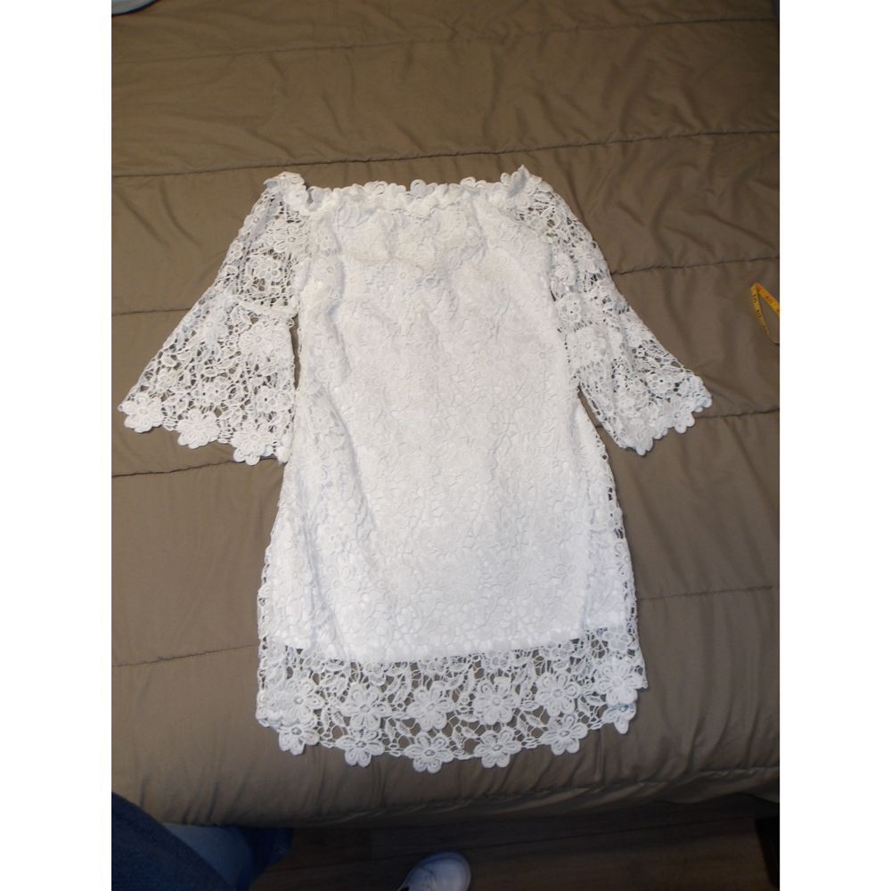 Auxo Collection Elegant White Lace Off-Shoulder Mini Dress with Bell‎ Sleeves